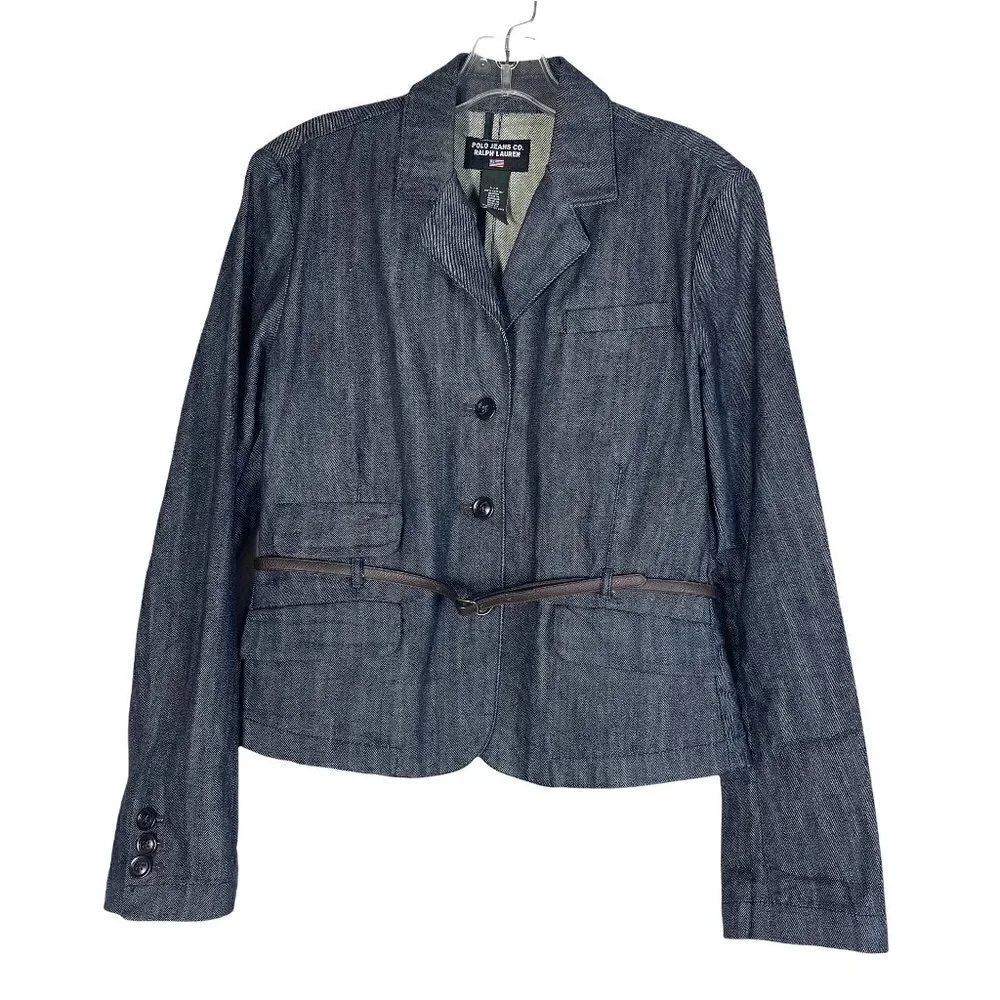 Ralph Lauren Denim Jacket Blazer Retro Belt Casual Preppy Medium - Picture 2 of 8